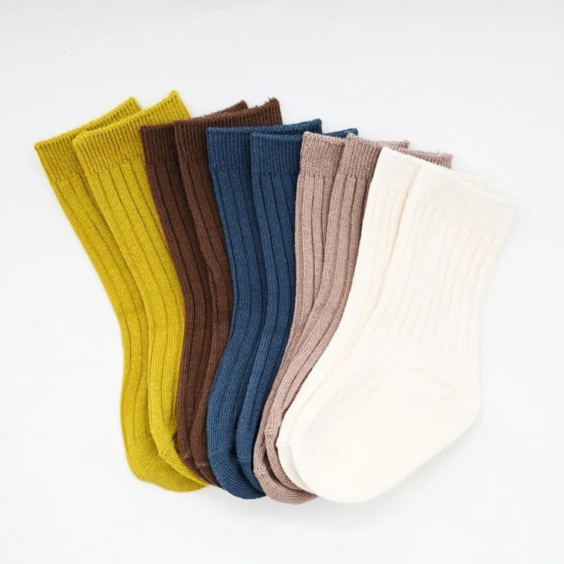 5 Pairs Ribbed Solid Cotton Toddler Knitted Socks