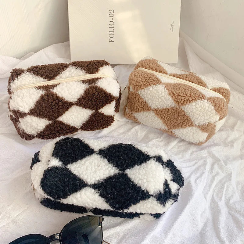 Checkered Plush Toiletry Bag