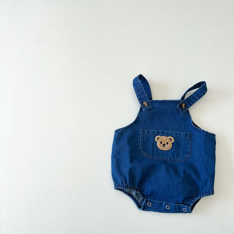 Teddy Bear Denim Jumpsuit with Striped Top Set