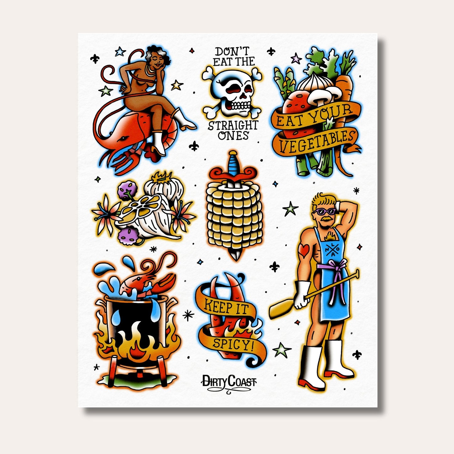 Crawfish Boil Temporary Tattoo Flash Sheet