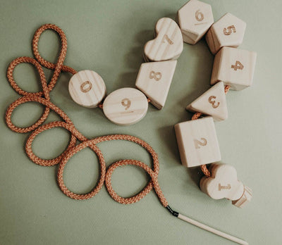 Wooden lacing toy with numbers and geometry shapes - Kidtoycart