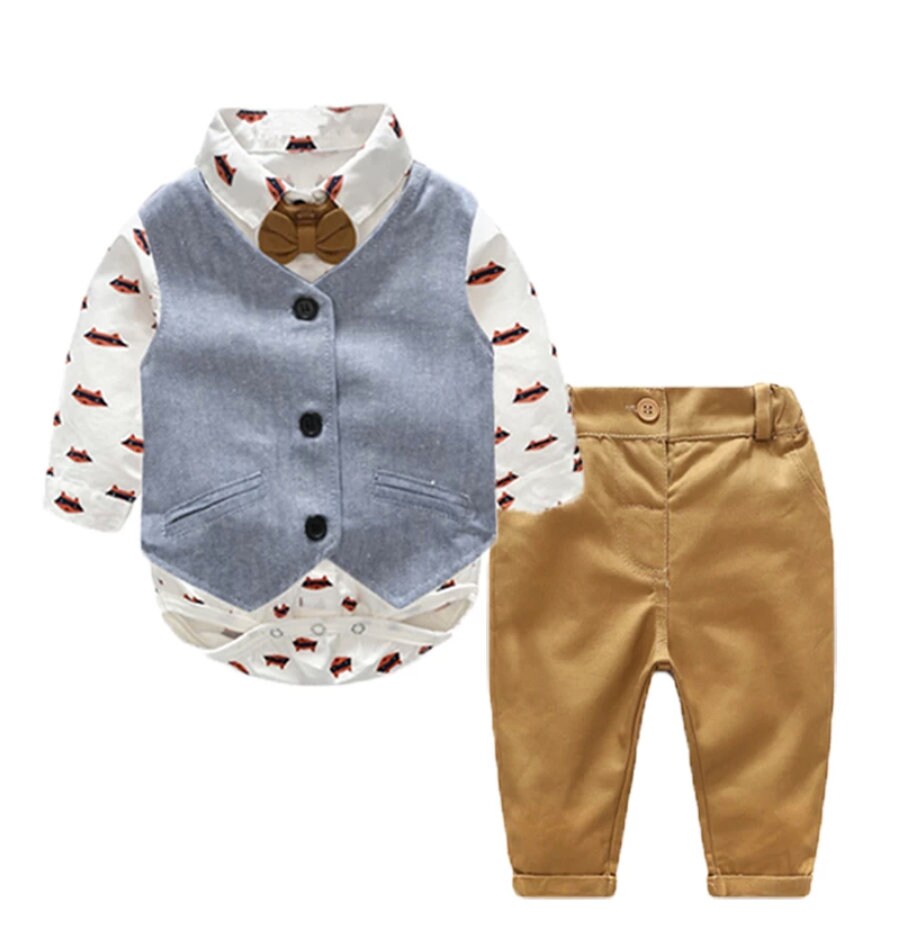 Fox Print Long Sleeve Shirt, Vest and Pants Bowtie Set