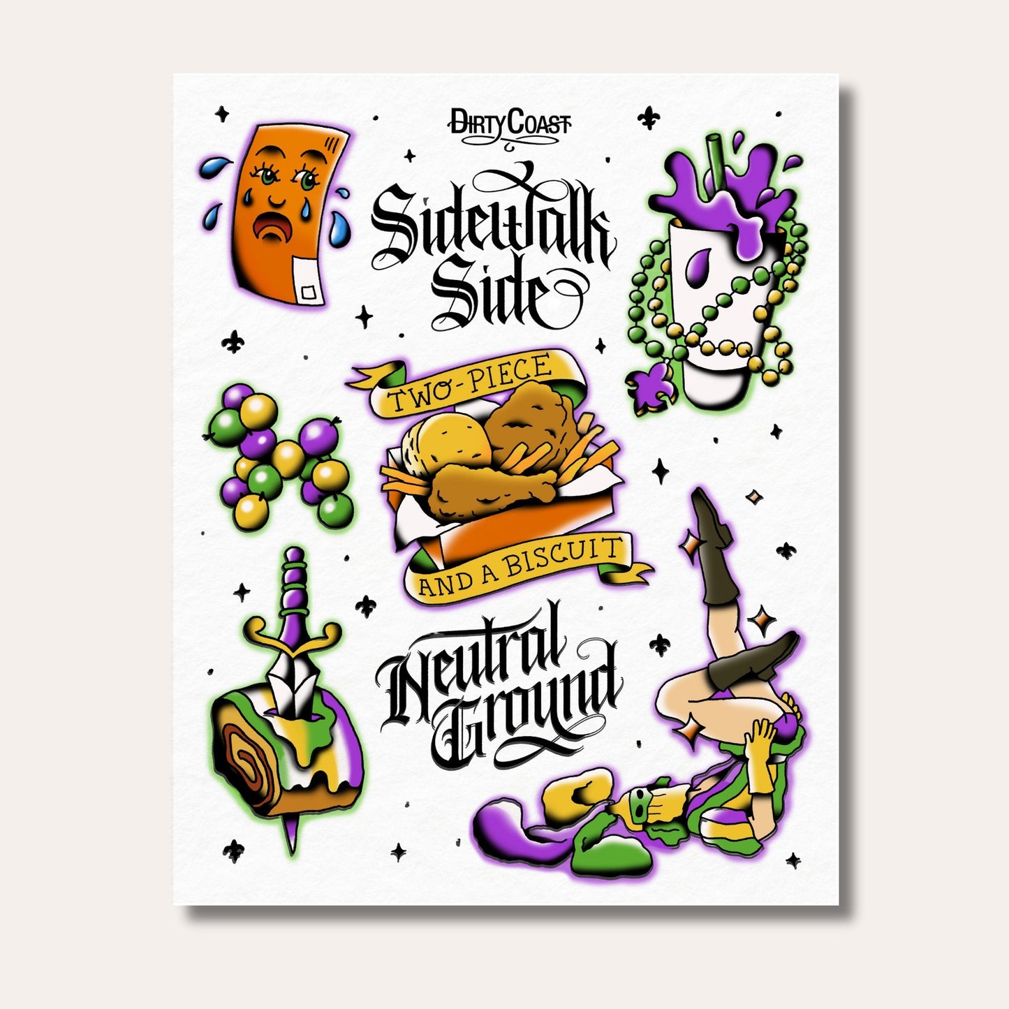 Mardi Gras Temporary Tattoo Flash Sheet