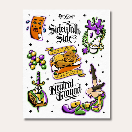 Mardi Gras Temporary Tattoo Flash Sheet