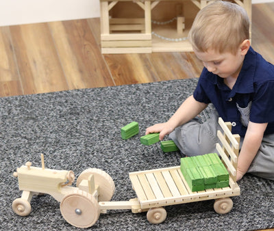 Amish-Made Wooden Toy Tractor & Hay Wagon Set with Hay Bales - Kidtoycart