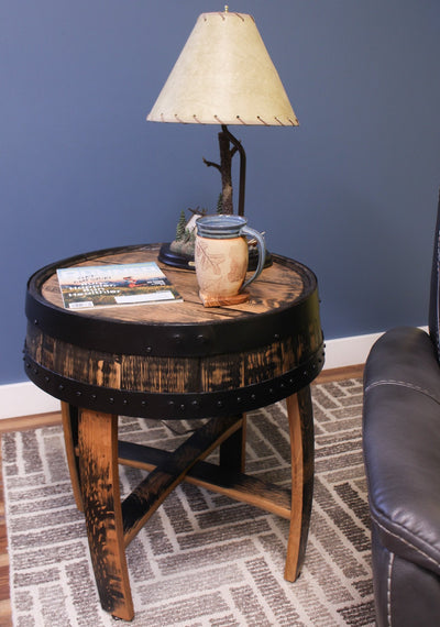 Amish-Made Rustic Barrel-Top End Table, Reclaimed Whiskey Barrel Table with Barrel Rings - Kidtoycart