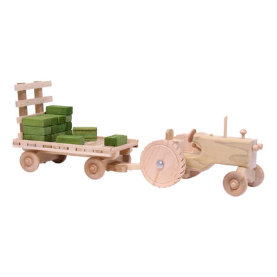 Amish-Made Wooden Toy Tractor & Hay Wagon Set with Hay Bales - Kidtoycart