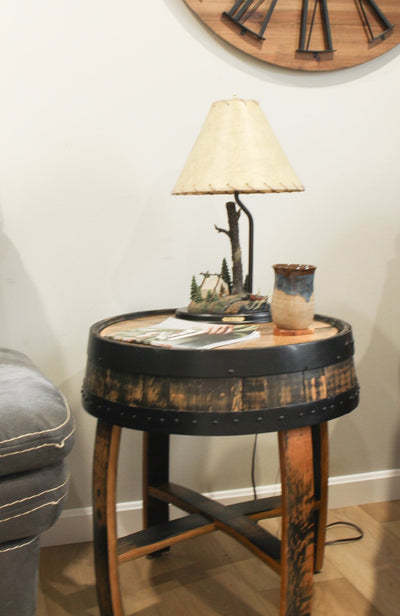Amish-Made Rustic Barrel-Top End Table, Reclaimed Whiskey Barrel Table with Barrel Rings - Kidtoycart