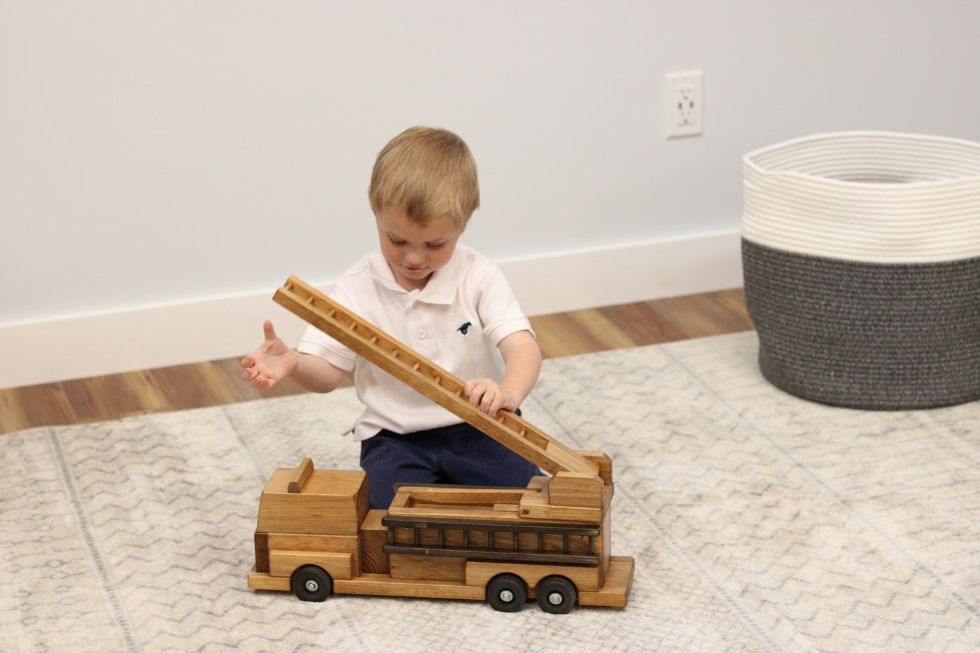 Wooden Toy Ladder Fire Truck, Kid-Safe Finish, Amish Made