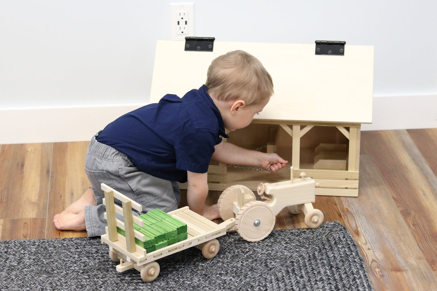 Amish-Made Wooden Toy Tractor & Hay Wagon Set with Hay Bales - Kidtoycart