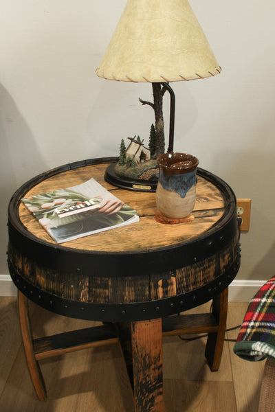 Amish-Made Rustic Barrel-Top End Table, Reclaimed Whiskey Barrel Table with Barrel Rings - Kidtoycart