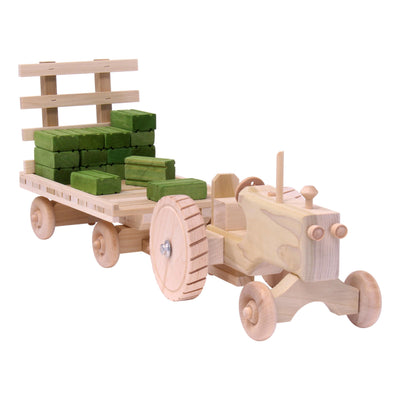 Amish-Made Wooden Toy Tractor & Hay Wagon Set with Hay Bales - Kidtoycart