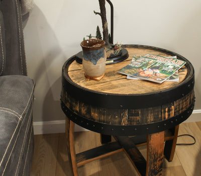 Amish-Made Rustic Barrel-Top End Table, Reclaimed Whiskey Barrel Table with Barrel Rings - Kidtoycart