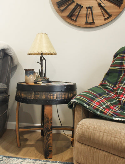 Amish-Made Rustic Barrel-Top End Table, Reclaimed Whiskey Barrel Table with Barrel Rings - Kidtoycart